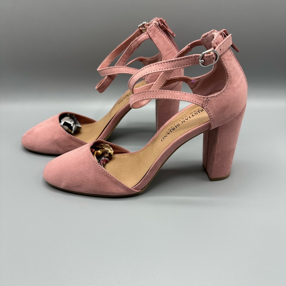 Womens Christian Siriano Pink Faux Suede Chunky Heel Ankle Strap Heels Sz. 7.5